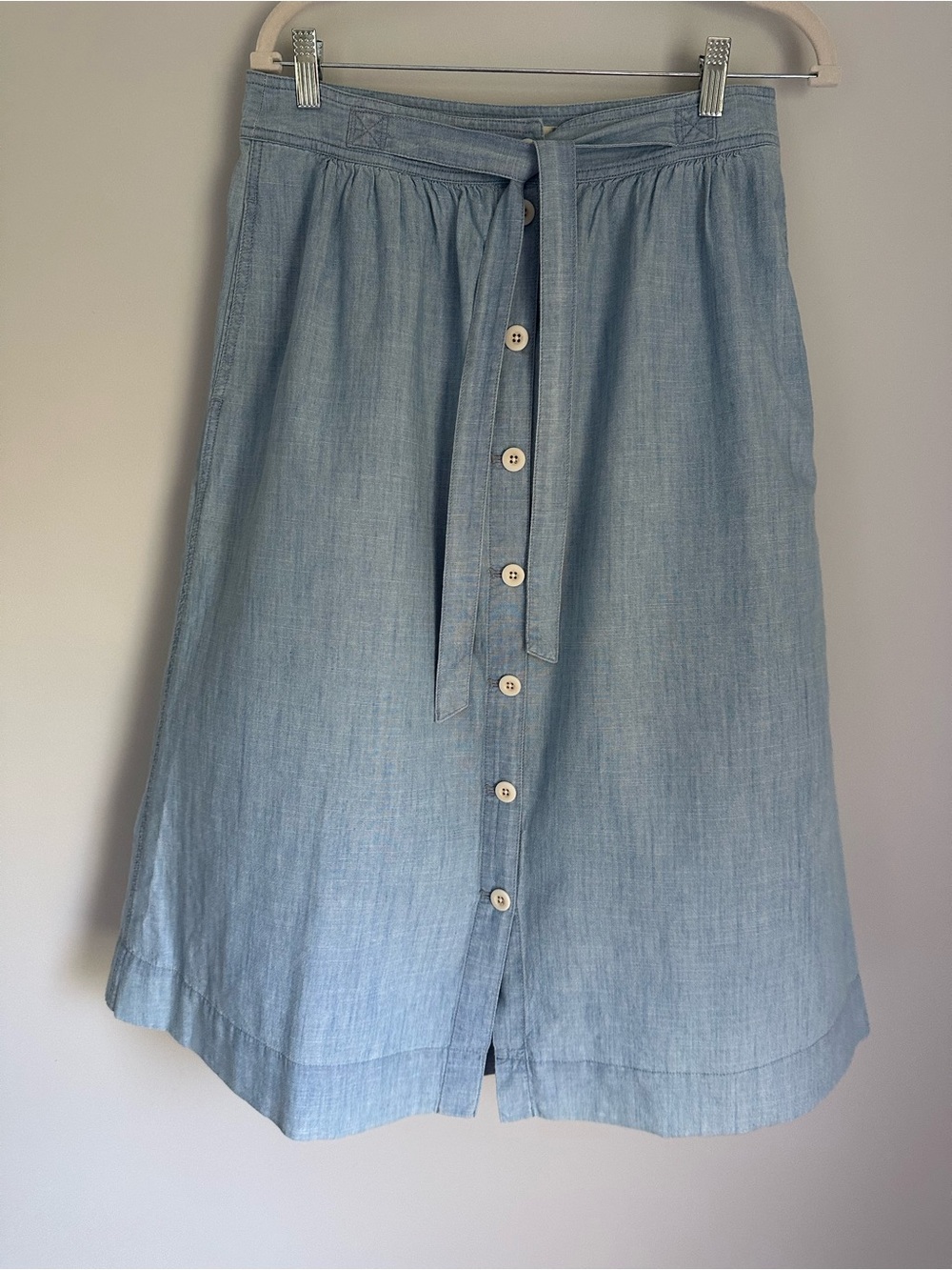 Madewell Light Blue Button-Front Midi Skirt with Tie